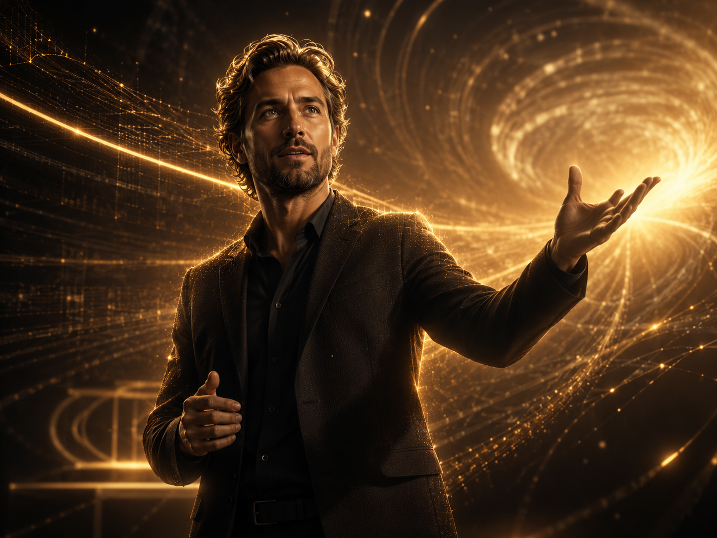 Hollywood-Avatar — dynamische goldene Lichtwirbel um einen Sprecher