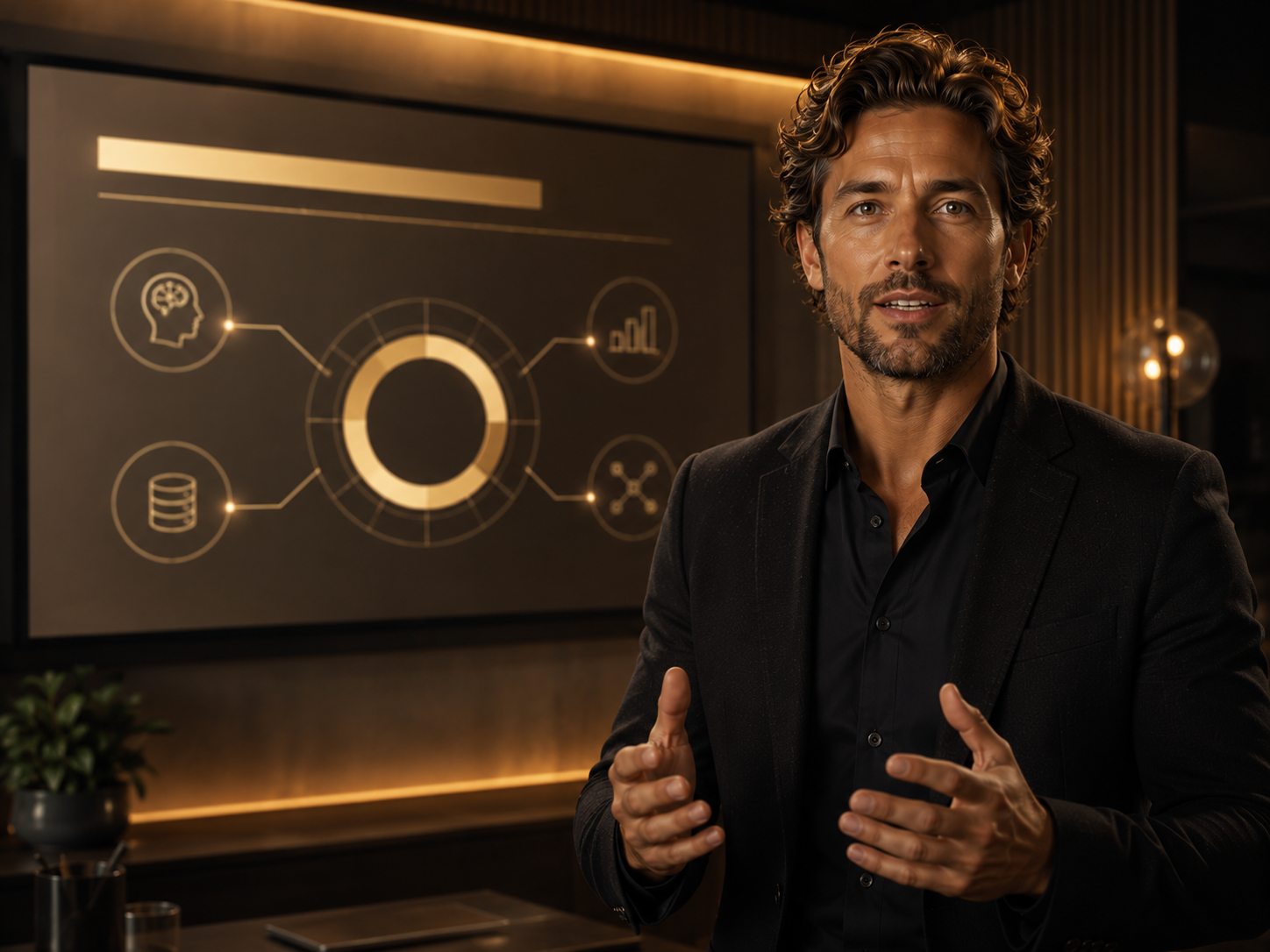 Avatar-Webinar — professioneller Sprecher vor einem Interface mit KI-Diagrammen