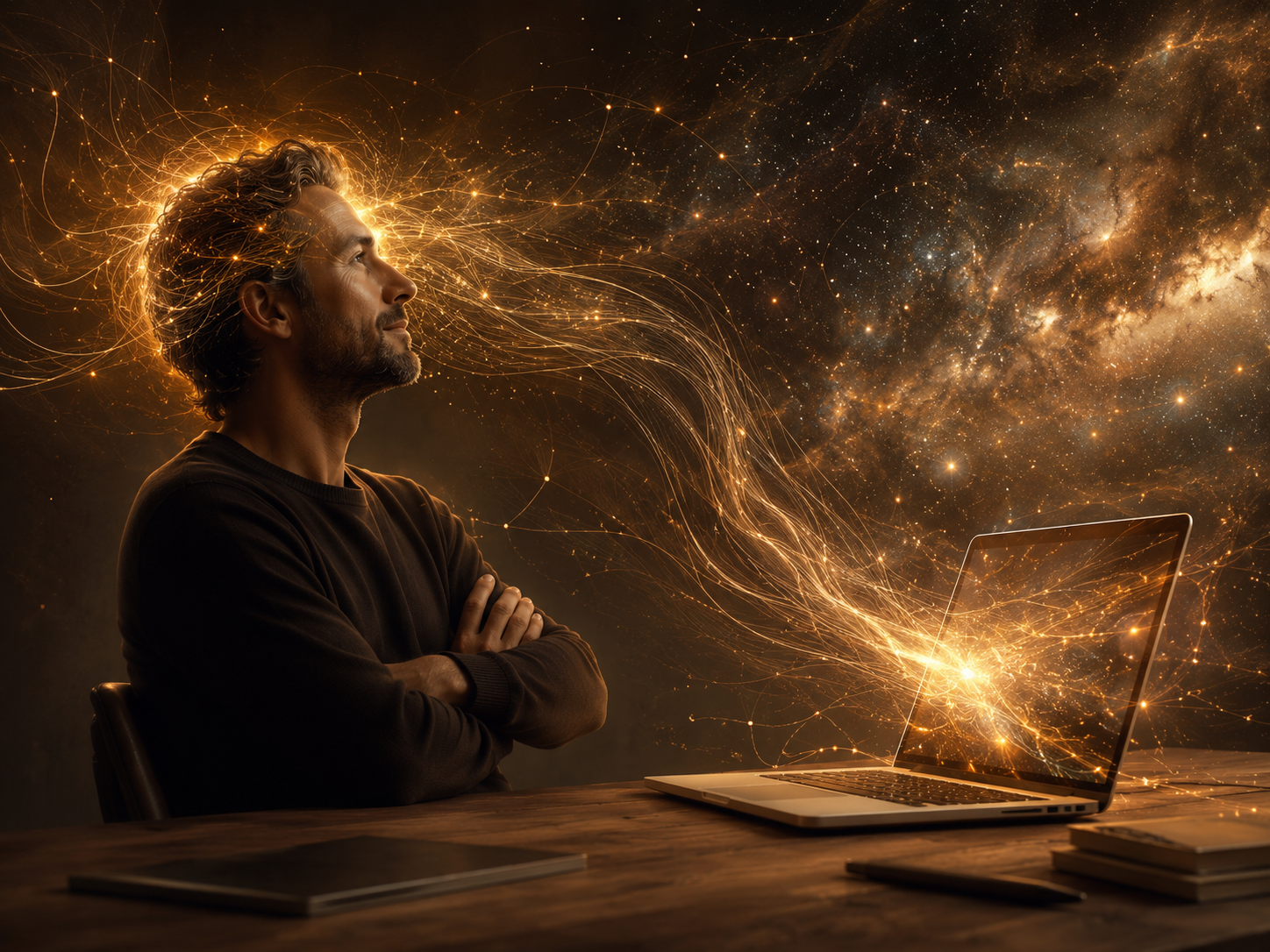 Mann mit Energiefeld und Laptop — visuelle Metapher für deine DNA, die durch deine primäre KI vervielfältigt wird