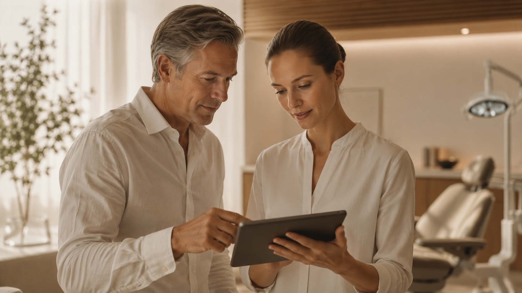 Zwei Personen in einer Praxis schauen gemeinsam auf ein Tablet — ein Kollegium, das sein CI-Team aufbaut