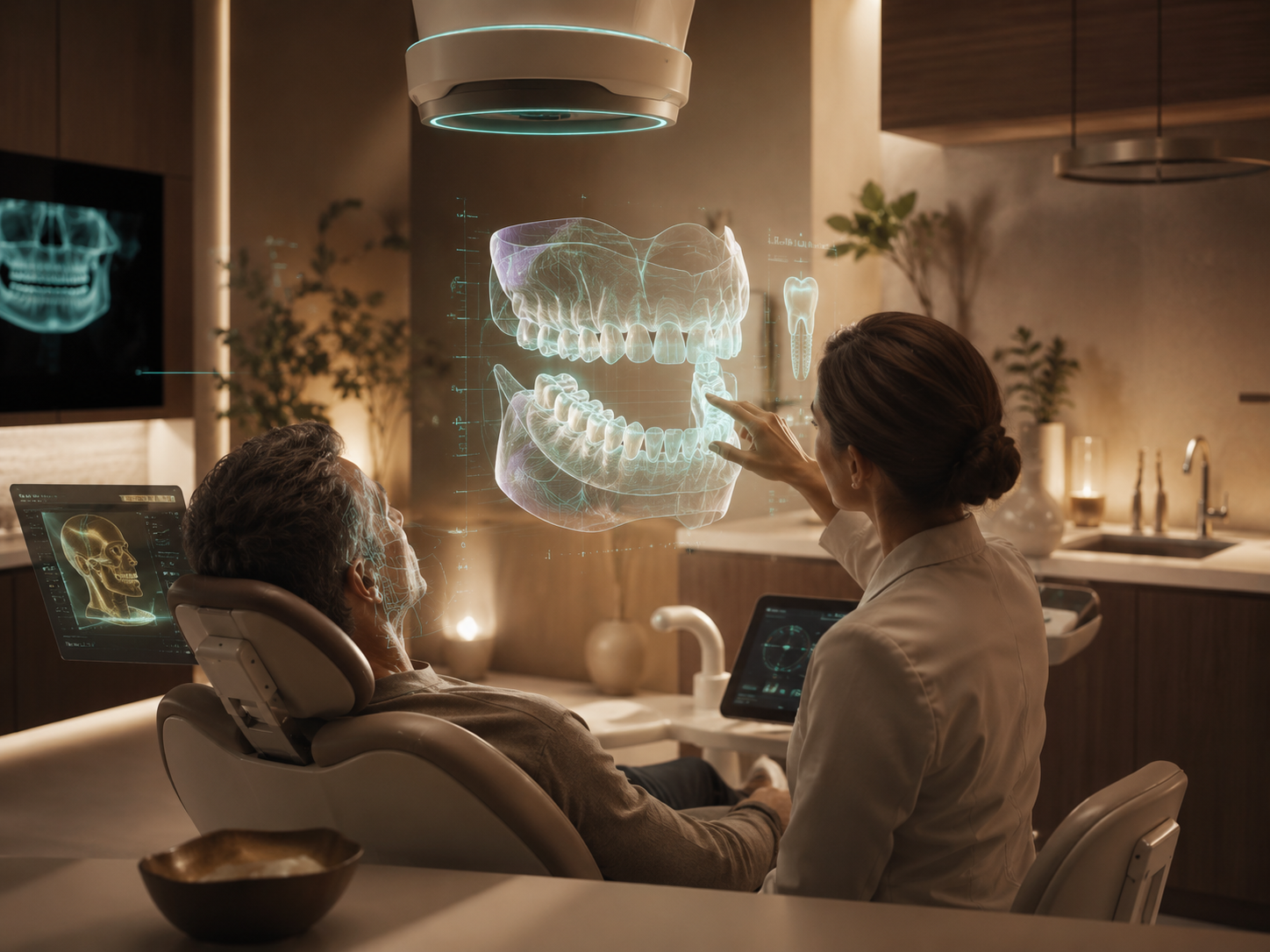 Zahnärztin erklärt Patientin anhand eines holografischen Kiefers die Behandlung