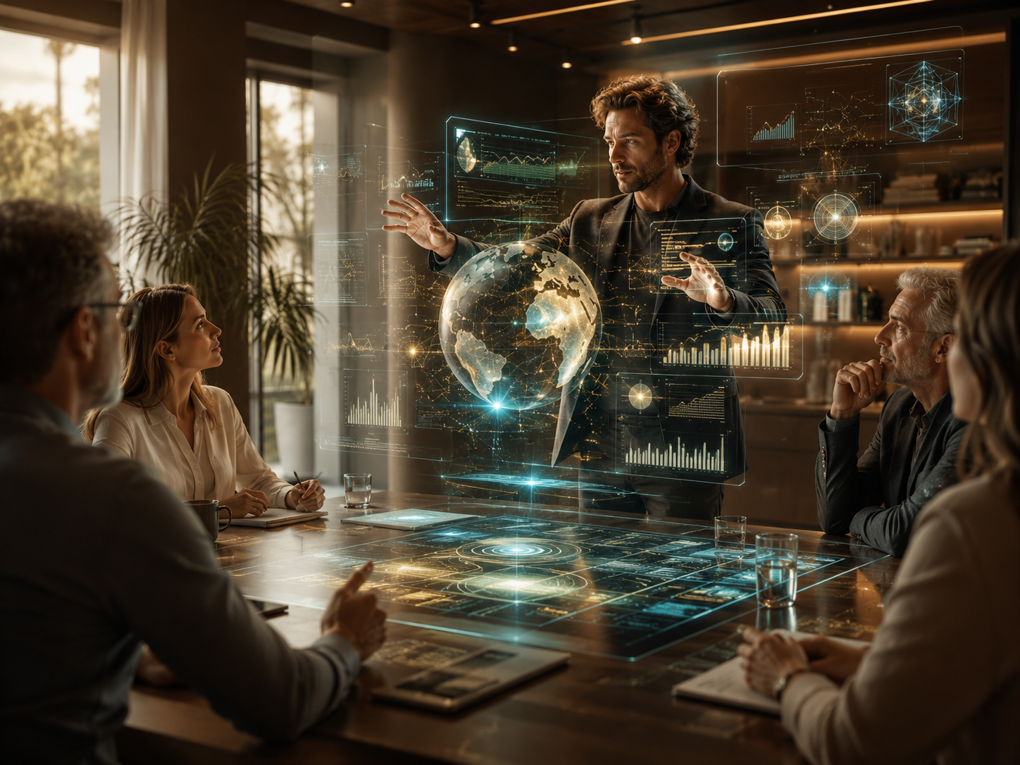 Unternehmer präsentiert seinem Team globale Daten und Strategien als Hologramm